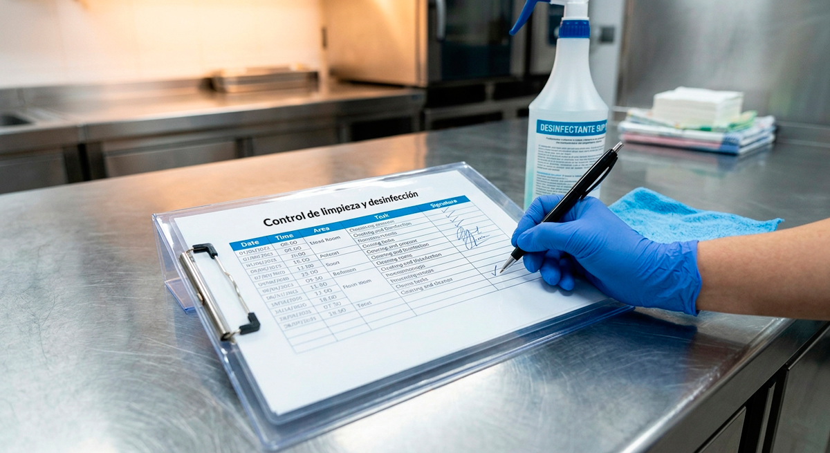 Un primer plano de una mano con un guante azul firmando con un bolígrafo una hoja de registro de limpieza y desinfección en una carpeta de anillas sobre una mesa. Al fondo, productos de limpieza etiquetados profesionalmente