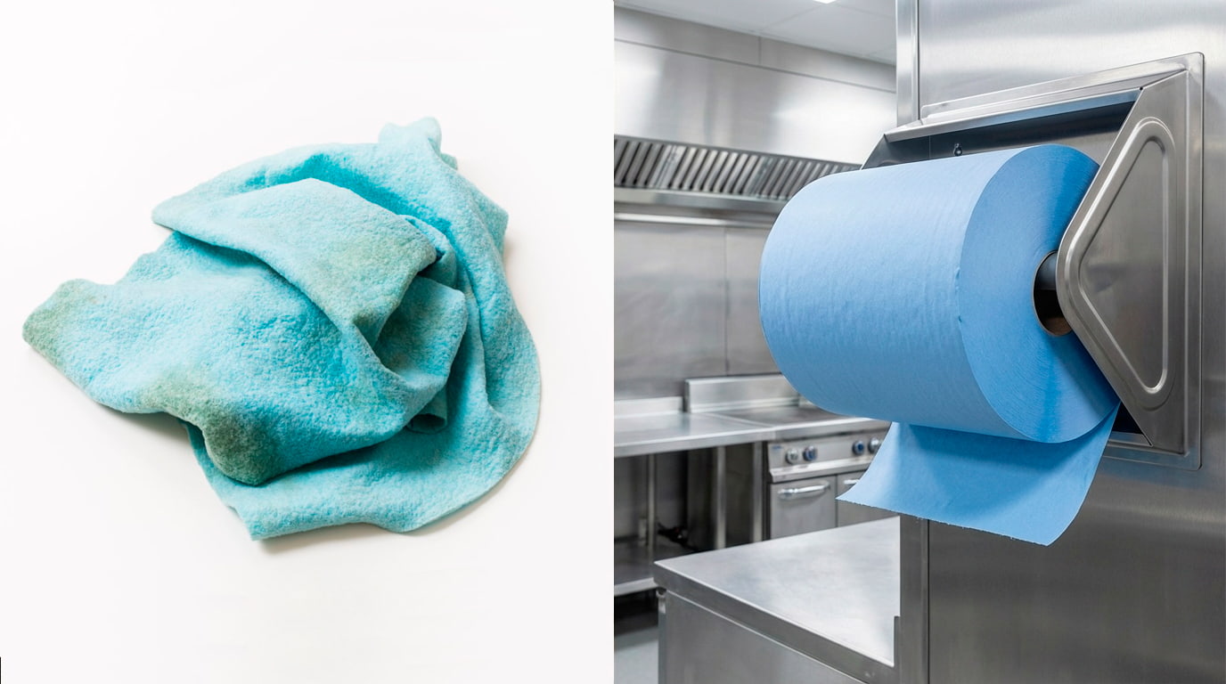 Bobina de celulosa industrial azul para secado higiénico en cocinas.